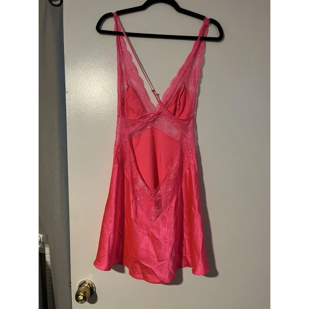 Victorias Secret Hot Pink Satin‎ Lace Slip Dress Crossback Negligee Bow